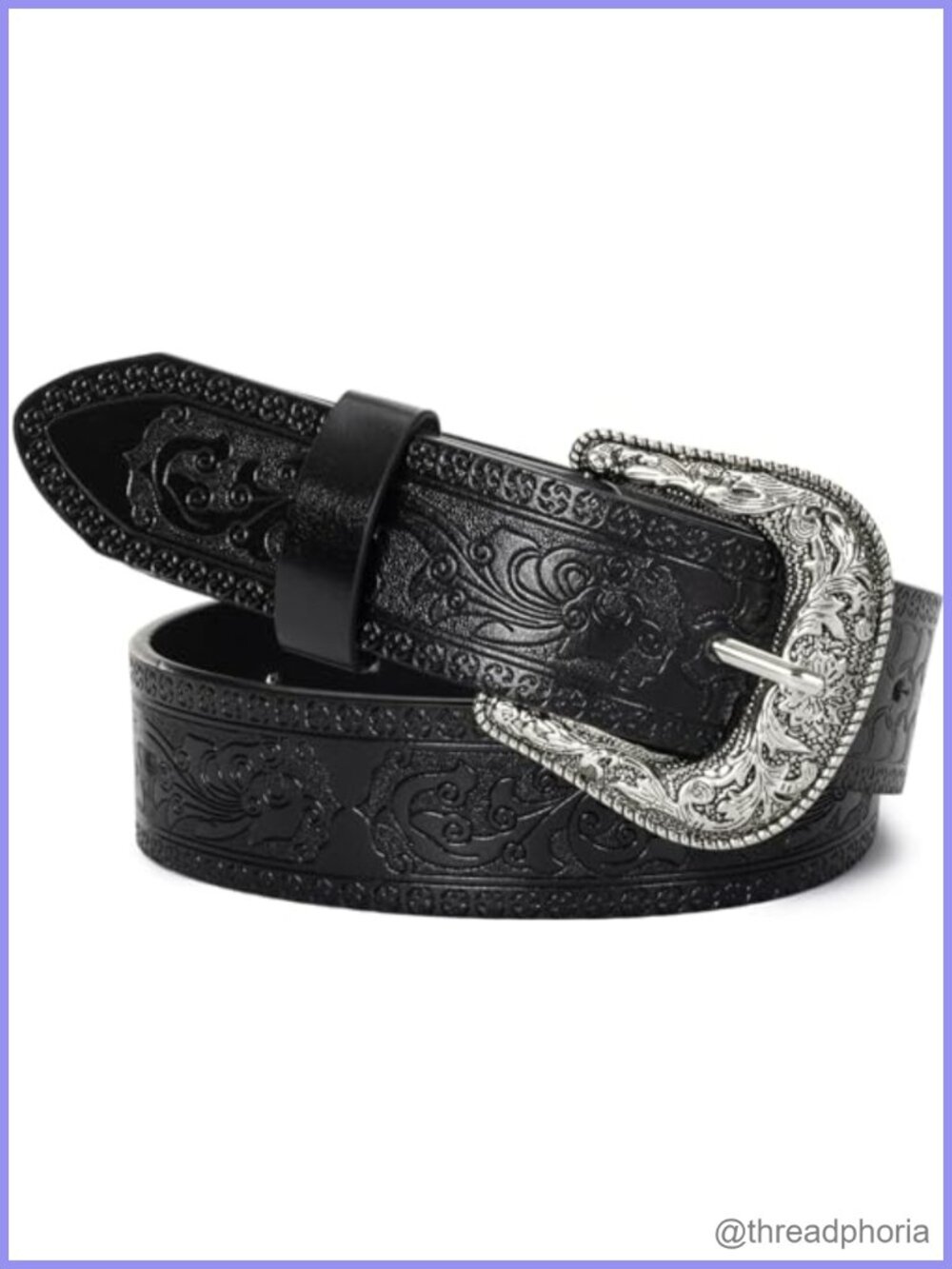 Vintage Western PU Leather Belt Embossed Floral Buckle Adjustable